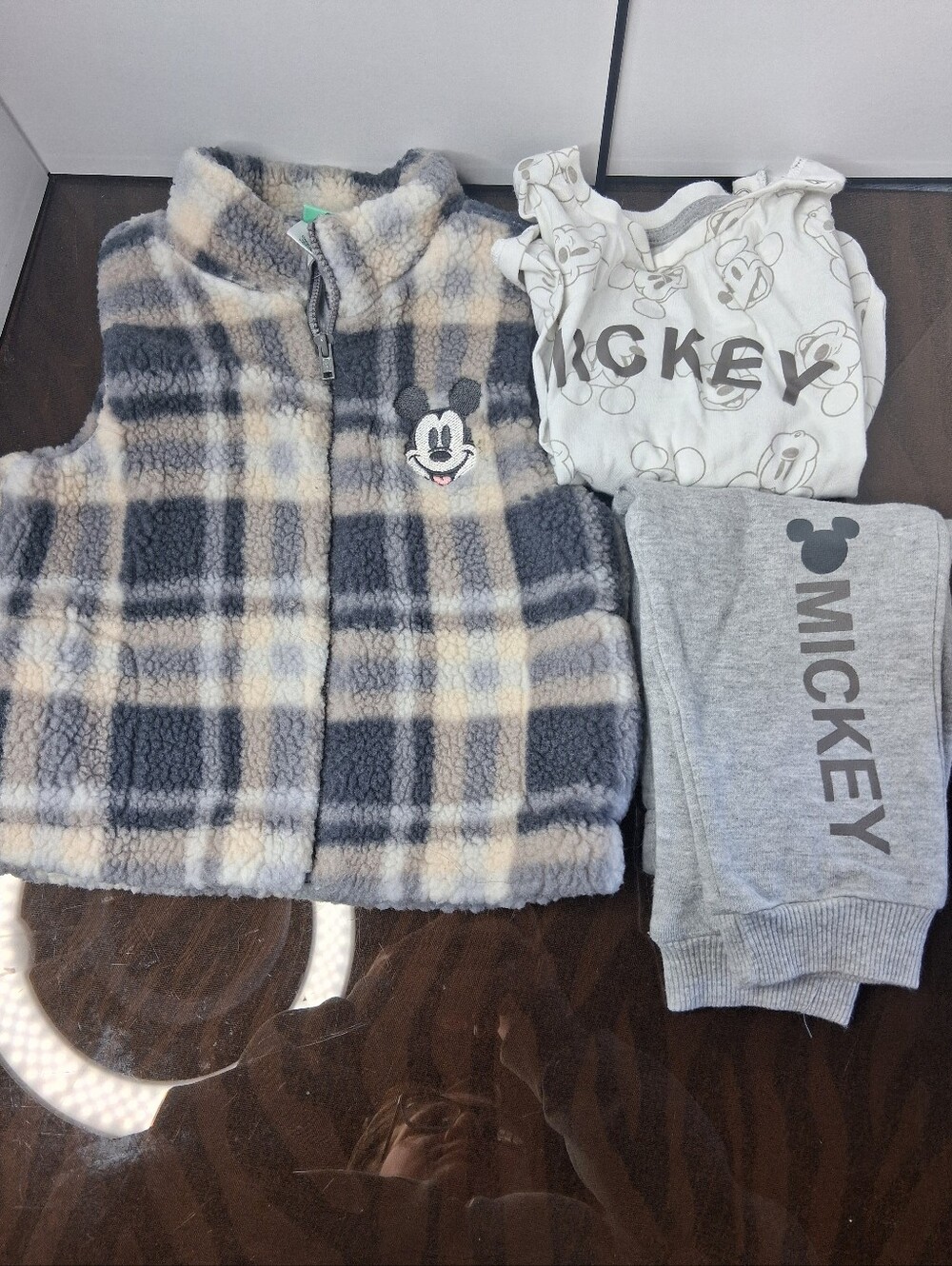 Disney Grey Plaid Sherpa Vest & Mickey Jogger 3pc Set - Picture 2 of 14